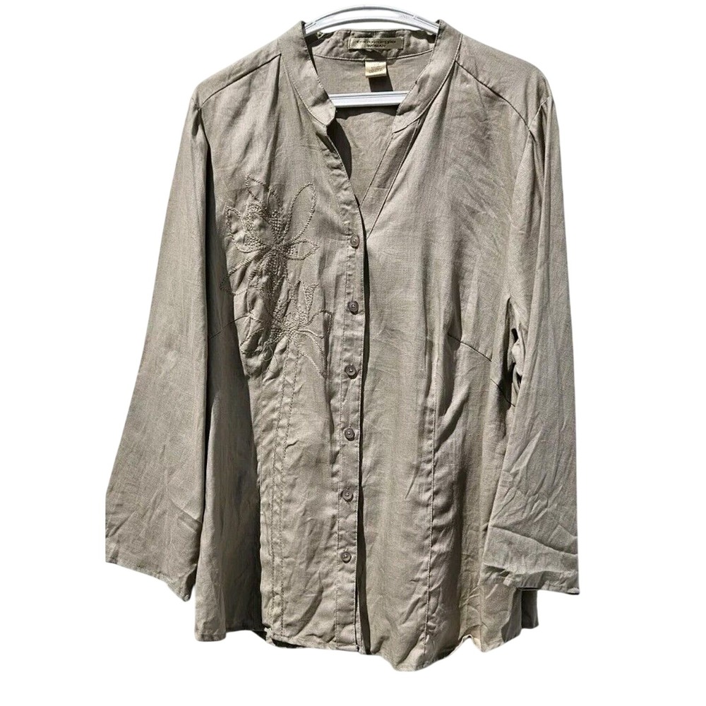 Ecologie Linen Button Down Shirt Womens 3X Tan Embroidered Minimalist Summer Top